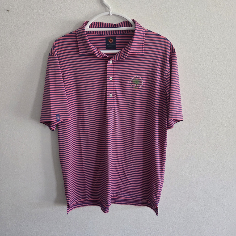 Donald Ross Sport Classic Pink and Navy Striped Golf Polo Shirt Large